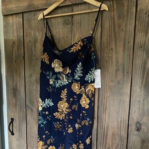 Blue Floral Spaghetti Strap Satin Cocktail Midi Dress